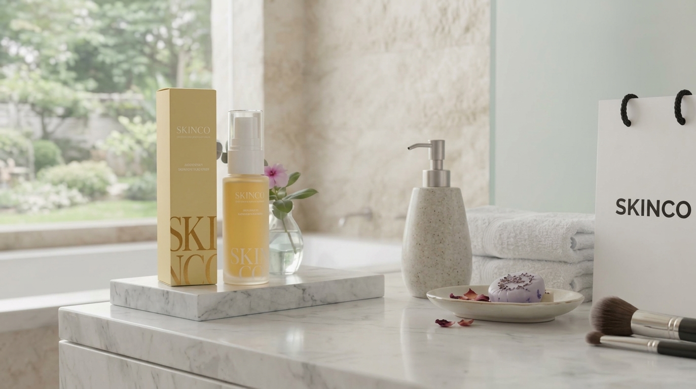 SKINCO Sweatless serum and box on a marble bathroom counter beside a sunlit window